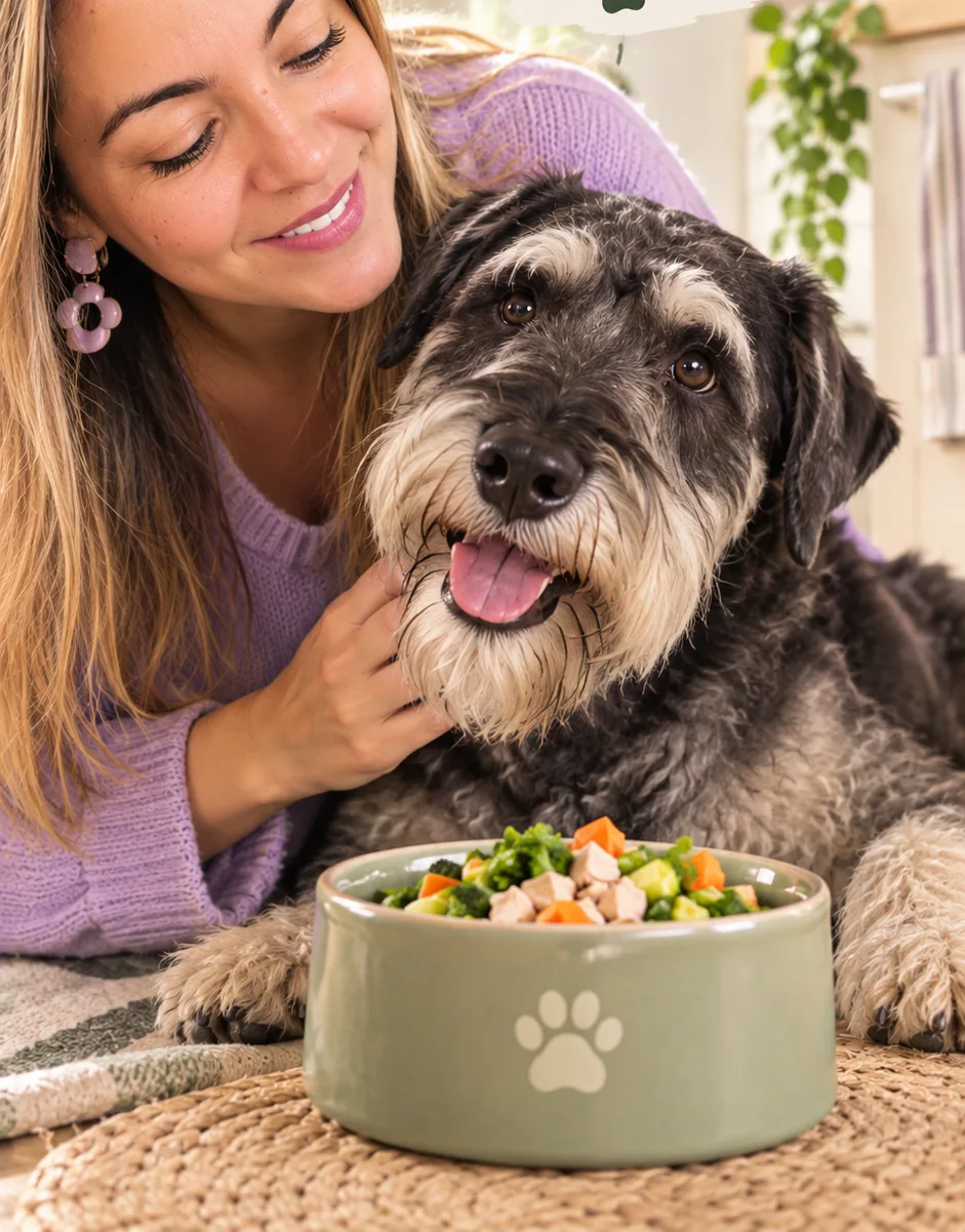 Mujer acariciando a su schnauzer junto a un plato de comida casera
