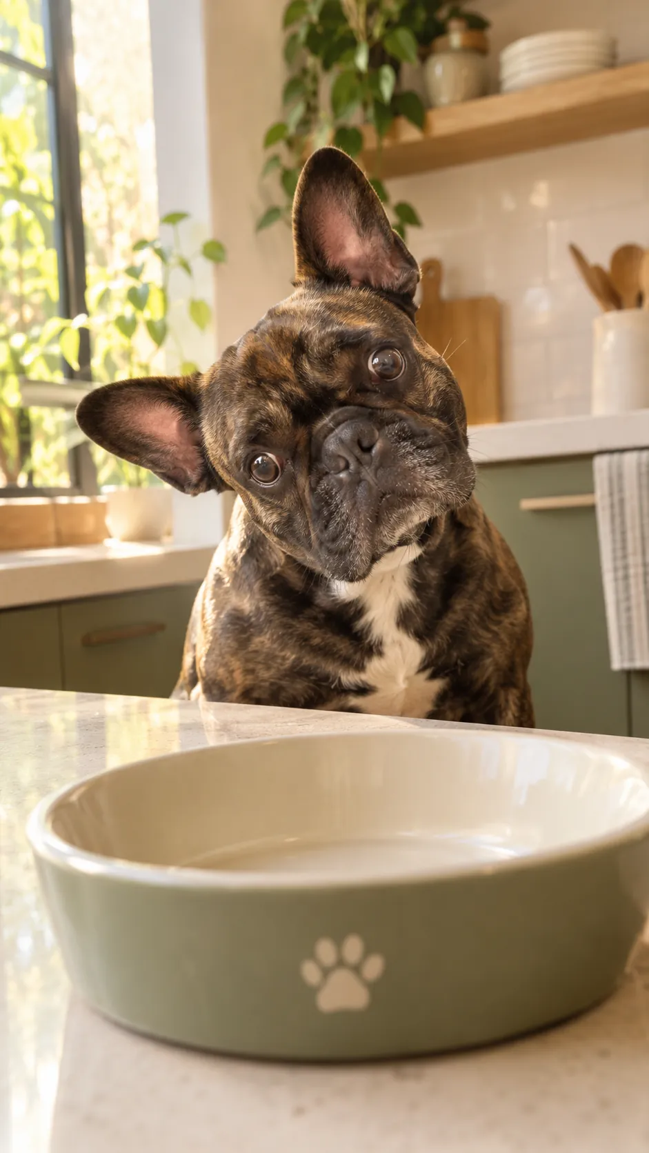 Bulldog francés con la cabeza ladeada frente a su plato vacío