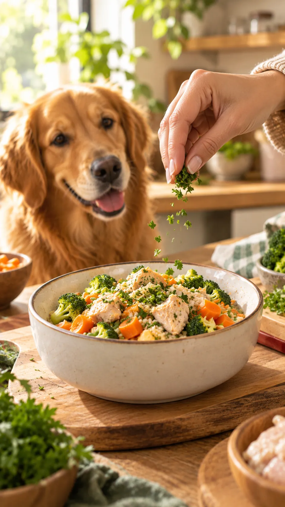 Golden retriever feliz mientras le preparan un plato de pollo, arroz y verduras