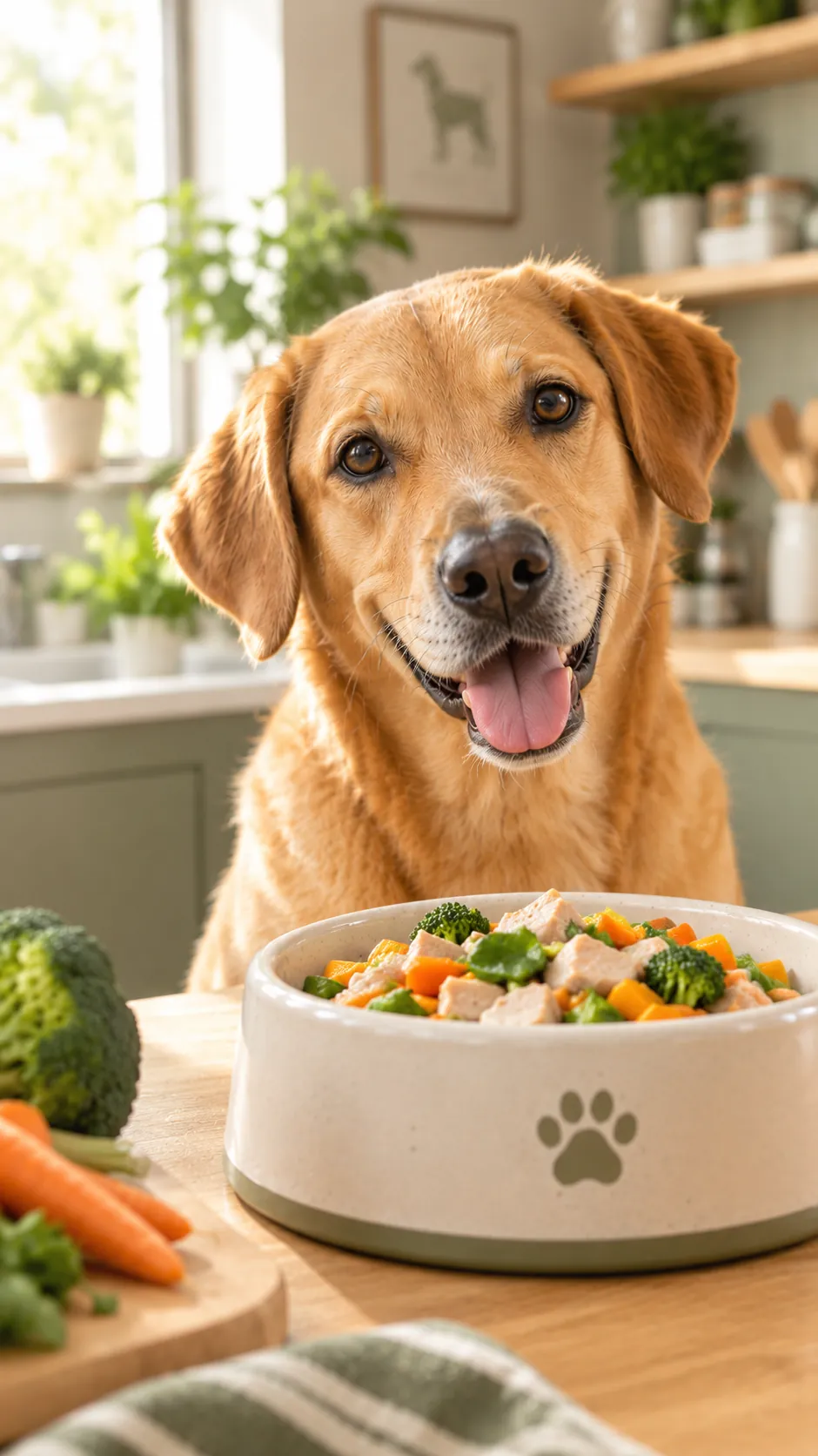 Labrador frente a su plato de comida casera